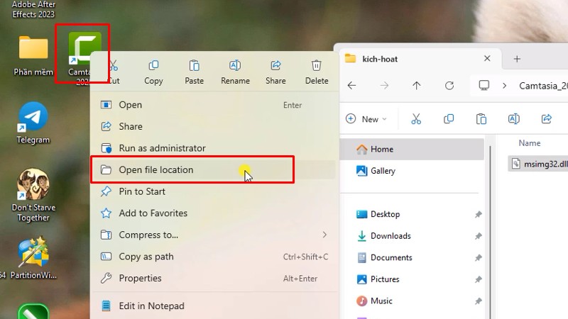 Chuột phải app camtasia 2025 chọn Open file location