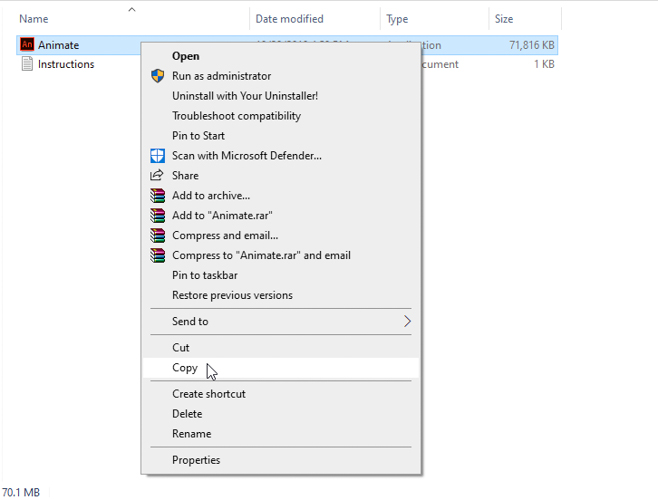 Tìm file Animate chuột phải chọn copy
