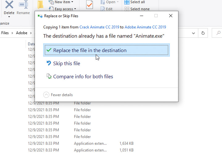 Chọn Replace the file in the destination