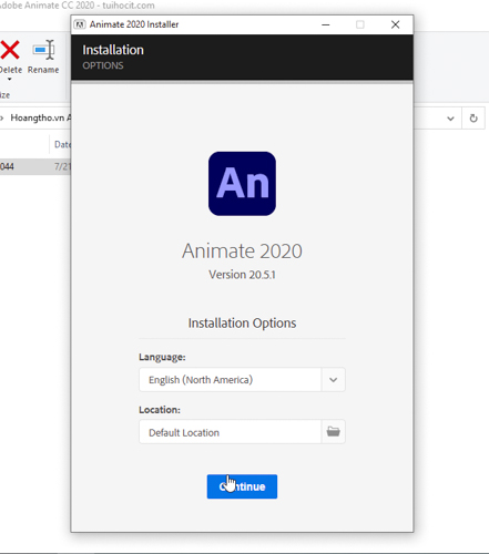 Chọn Continue để cài đặt Animate CC 2020