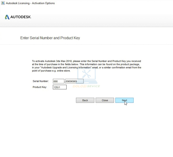 Nhập số Serial Number và Product Key như hình sau đó nhấn Next