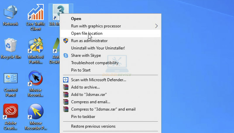 Ta chọn  Open file location để vào thư mực cài đặt phần mềm 3DS Max 2018