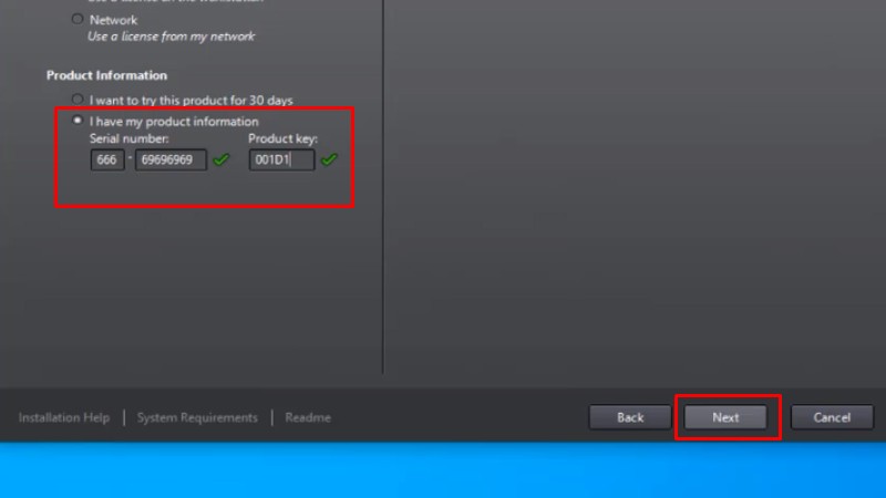 Nhập Serial Number: 666-69696969, Product key: 001D1 và bấm Next