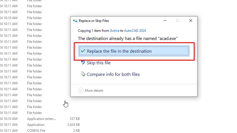 Bấm Replace the file in....