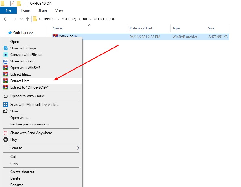 Giải nén thư mục office 2019