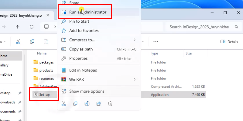 Chuột phải vào file setup và chọn run as admin