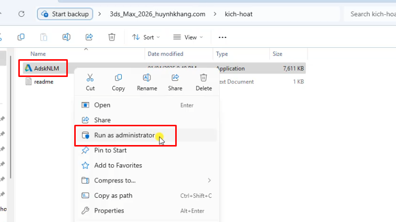 Chạy file AdskNLM bằng quyền Admin