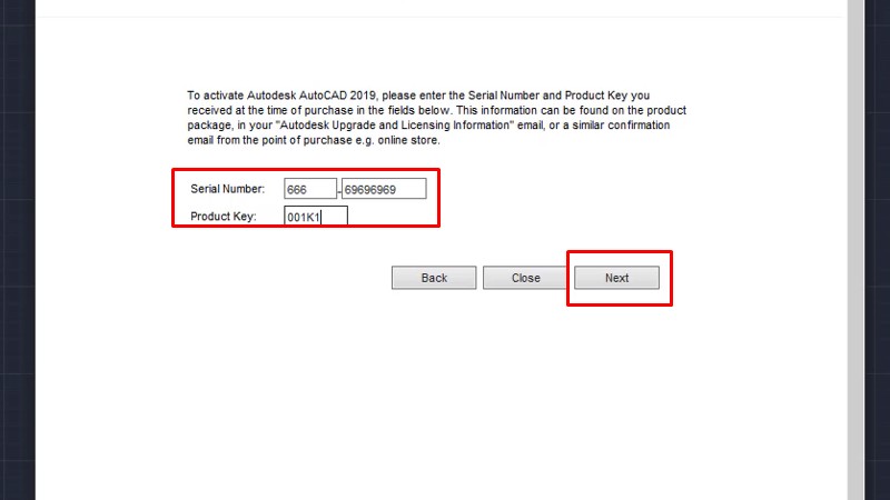 Tải AutoCad 2019 Video hướng dẫn đầy đủ 20 Nhập Serial number: 666-69696969. product key: 001K1, và bấm next