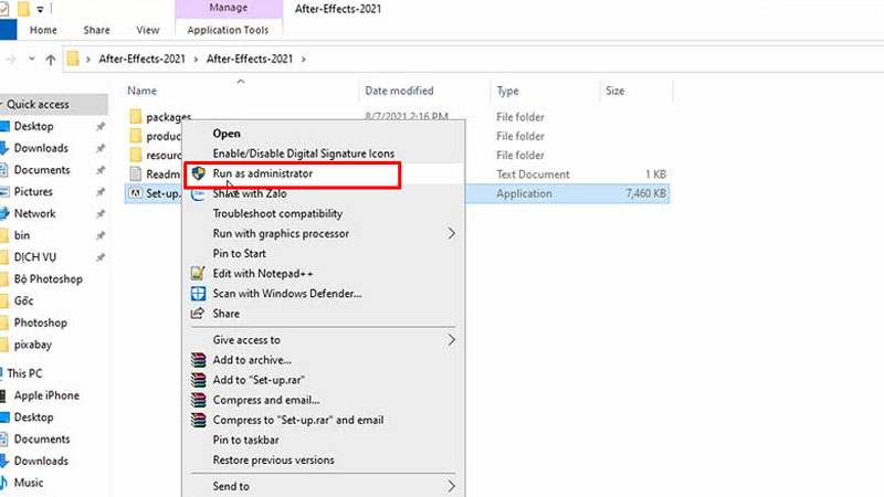 Chọn vào mục Run as administrator Chạy file cài đặt với quyền Admin