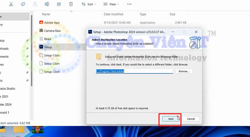 Nhấn chọn next để tiếp tục tải photoshop 2024