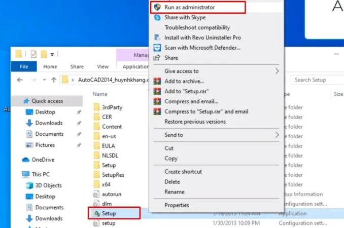 Chuột phải file Setup và chọn Run as admin