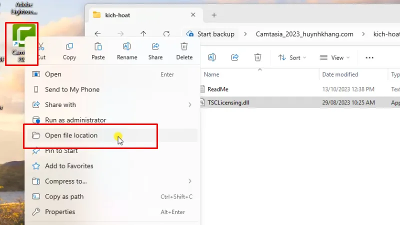 Chuột phải app camtasia 2023 chọn Ope file location