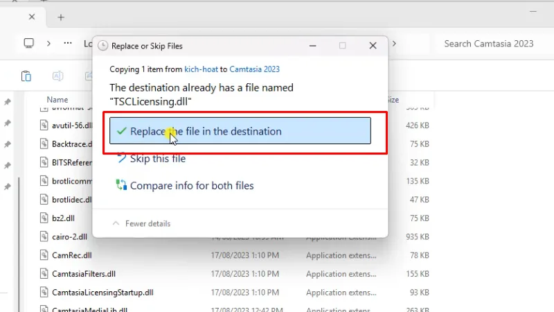 Bấm Replace the file