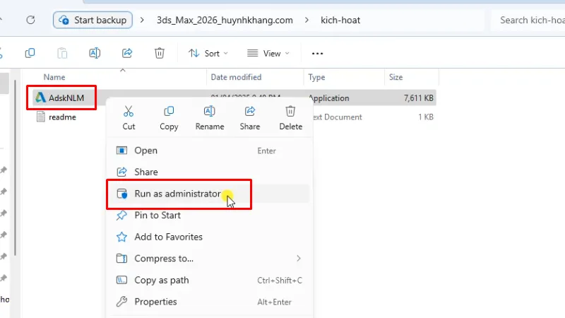 3Ds Max 2026: Download và cài đặt đơn giản 17 Chạy file AdskNLM bằng quyền Admin