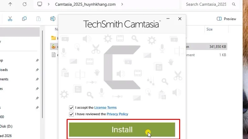 Camtasia 2025: Cài đặt rất dễ và nhanh 14 Tích như hình và bấm Install