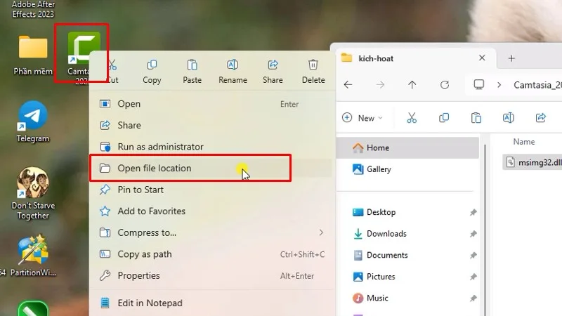 Camtasia 2025: Cài đặt rất dễ và nhanh 17 Chuột phải app camtasia 2025 chọn Open file location